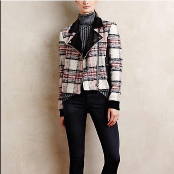 Anthropologie Jackets & Blazers - Anthro Paige Leather Plaid Moto Jacket Biker Wool